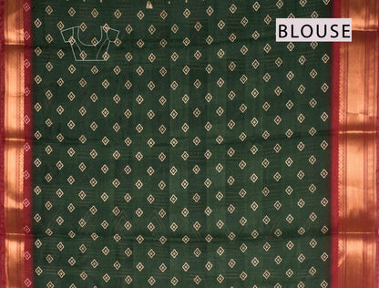 Green Printed Cotton LeafLine Print Zari Border Saree