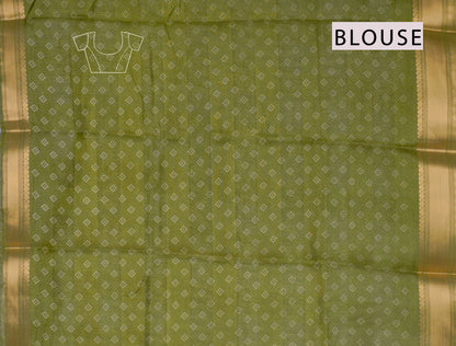 Olive Green Printed Cotton Dot Florals Zari Border Saree