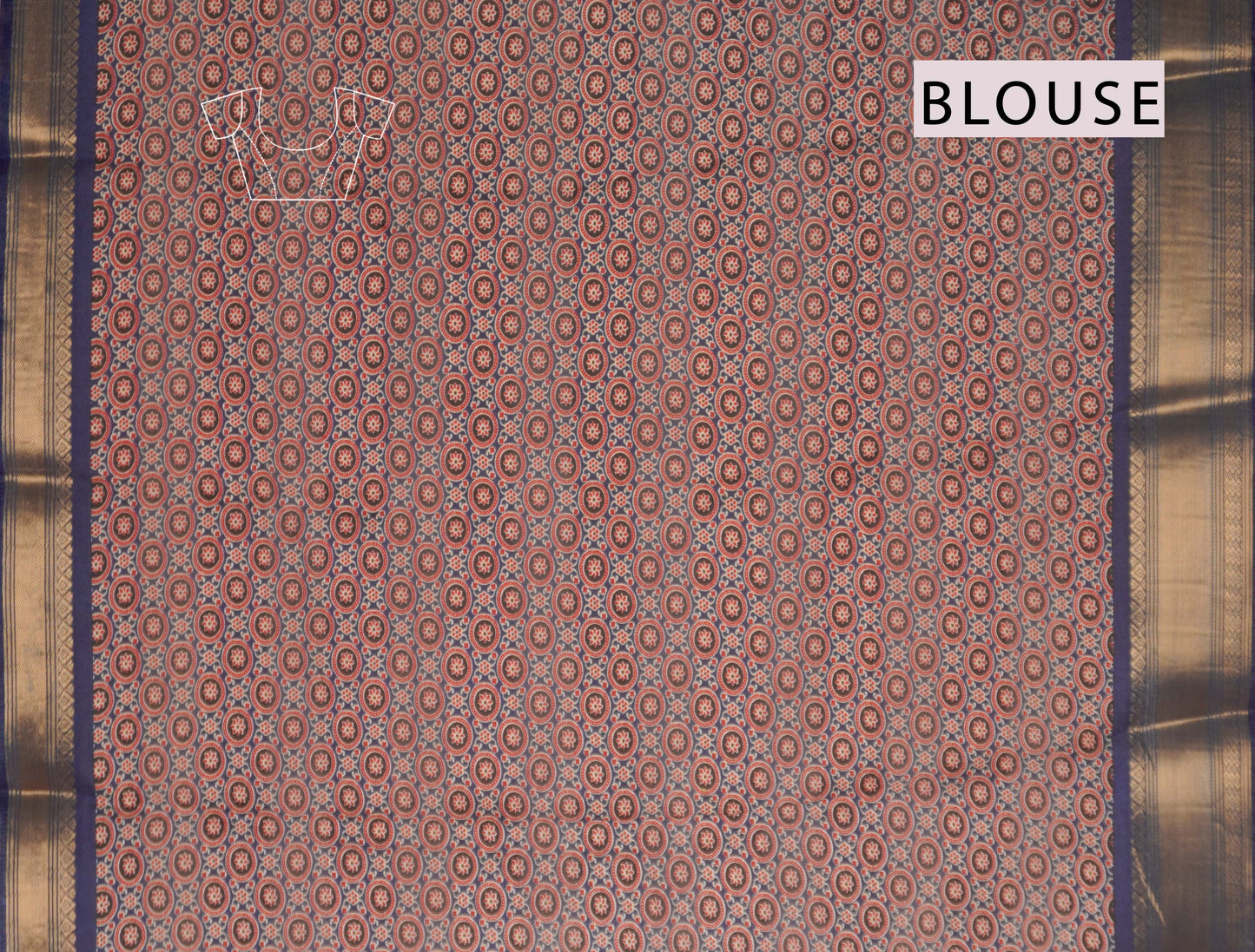 Navy Blue Printed Cotton Ajrakh Style Print Zari Border Saree