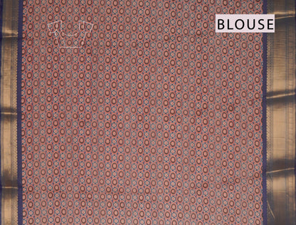 Navy Blue Printed Cotton Ajrakh Style Print Zari Border Saree