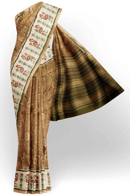 Moss Green With Brown Semi Tussar Blooming Magic Prints Flamingo Border Saree