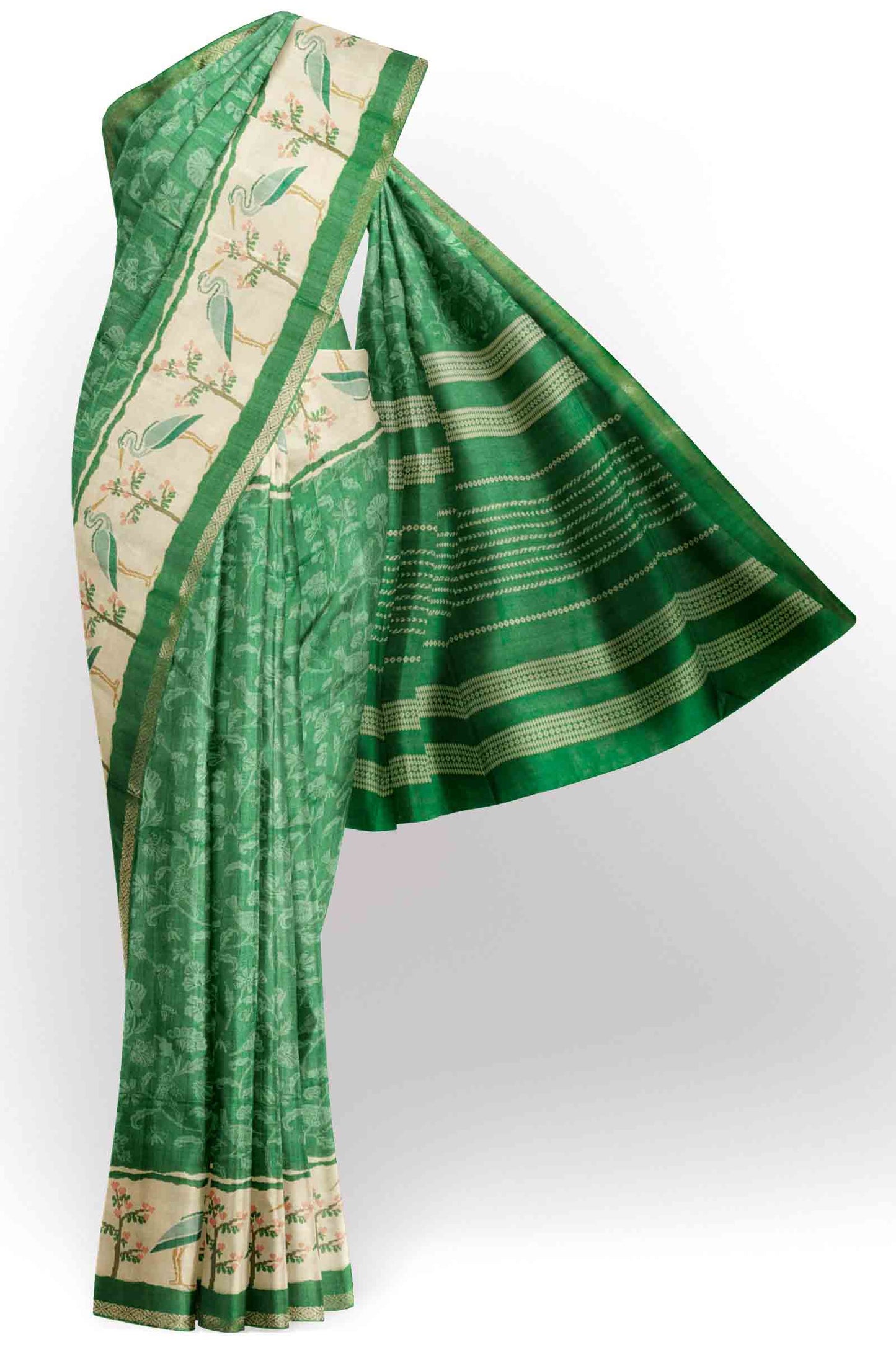 Leaf Green With White Semi Tussar Blooming Magic Prints Crane Border Saree