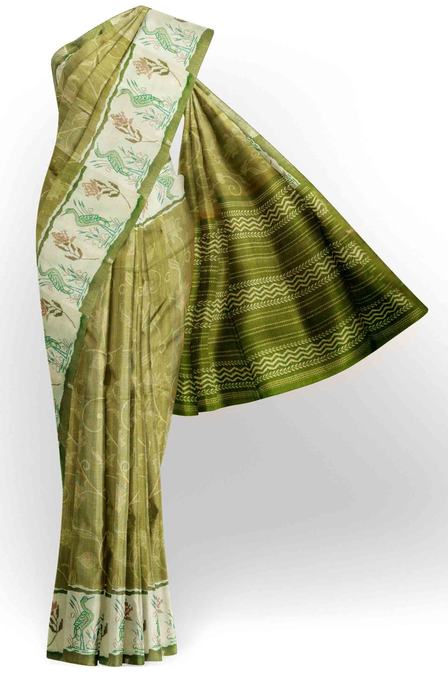 Olive Green Semi Tussar Blooming Magic Prints Crane Border Saree