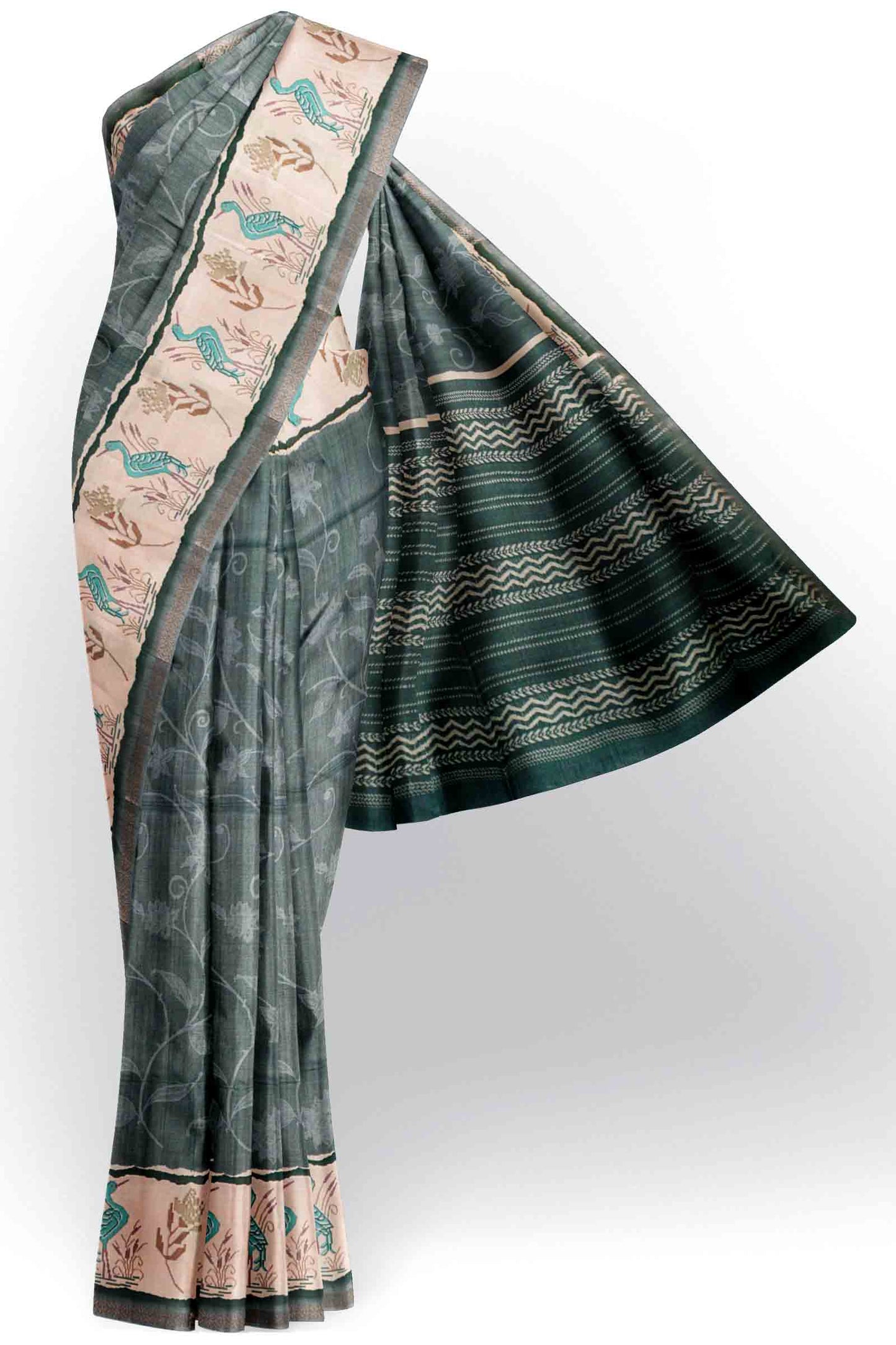 Ash Black Semi Tussar Blooming Magic Prints Crane Border Saree