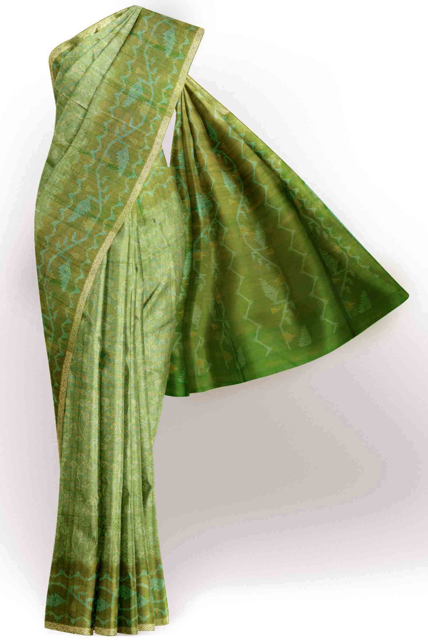 Olive Green Semi Tussar Blooming Magic Prints Art Border Saree