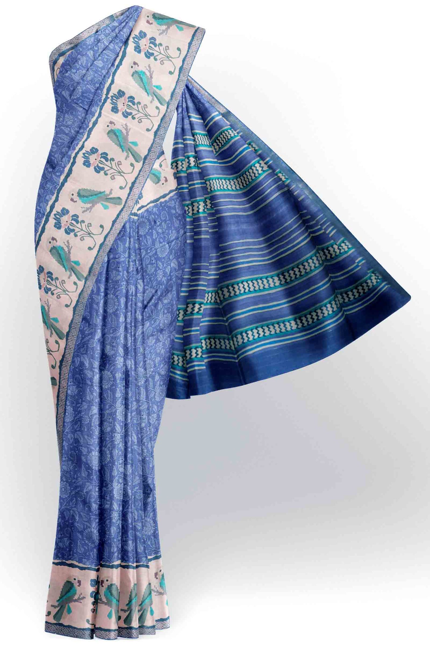 Blue Semi Tussar Blooming Magic Prints Parrot Border Saree