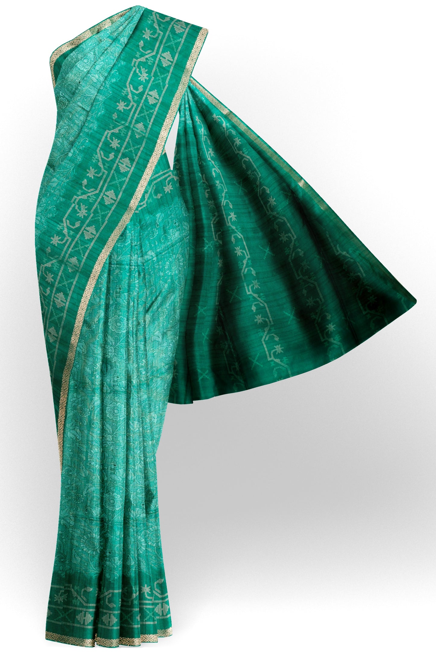Green Semi Tussar Blooming Magic Prints Art Border Saree