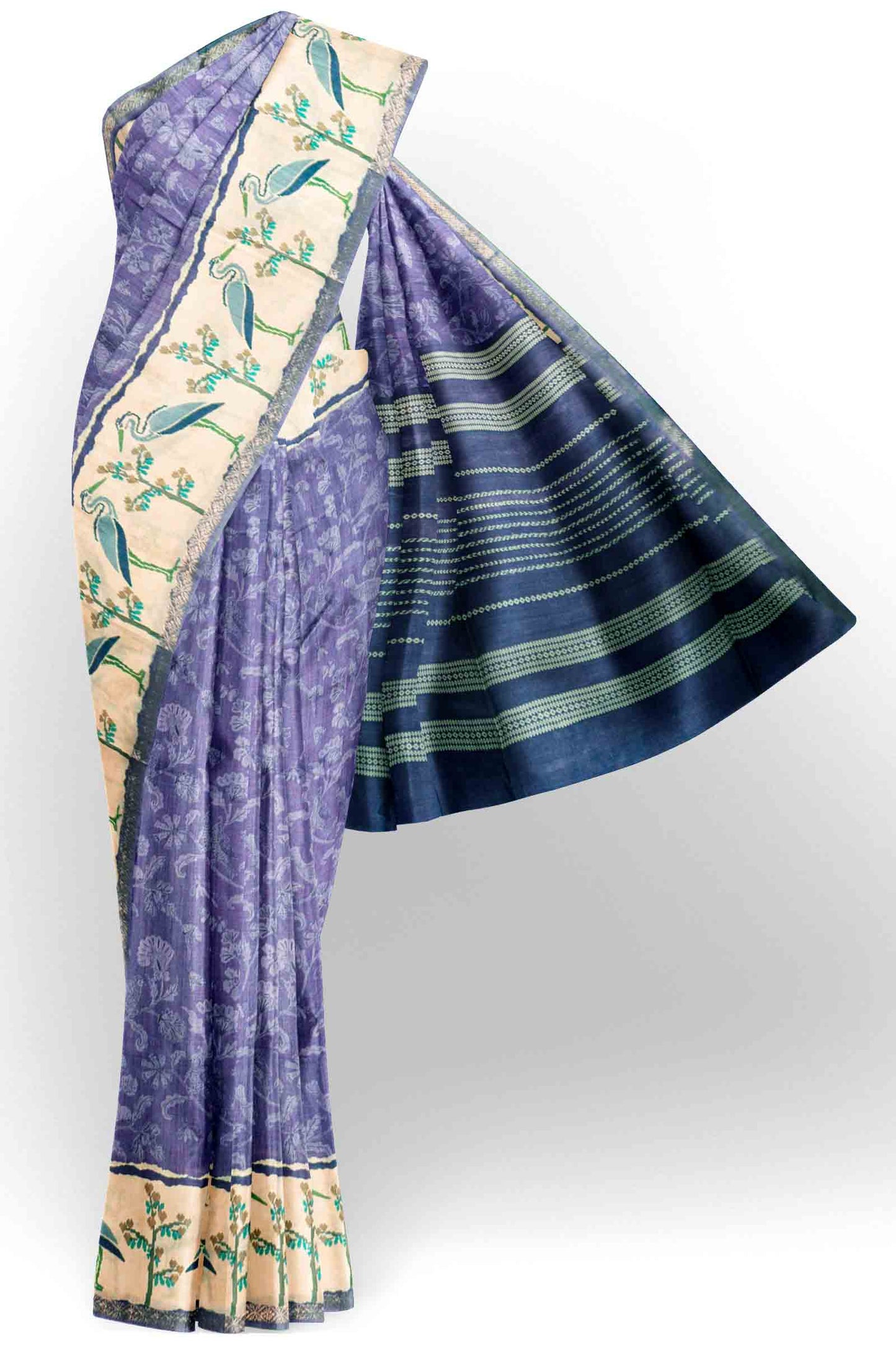 Lavander Semi Tussar Blooming Magic Prints Crane Border Saree