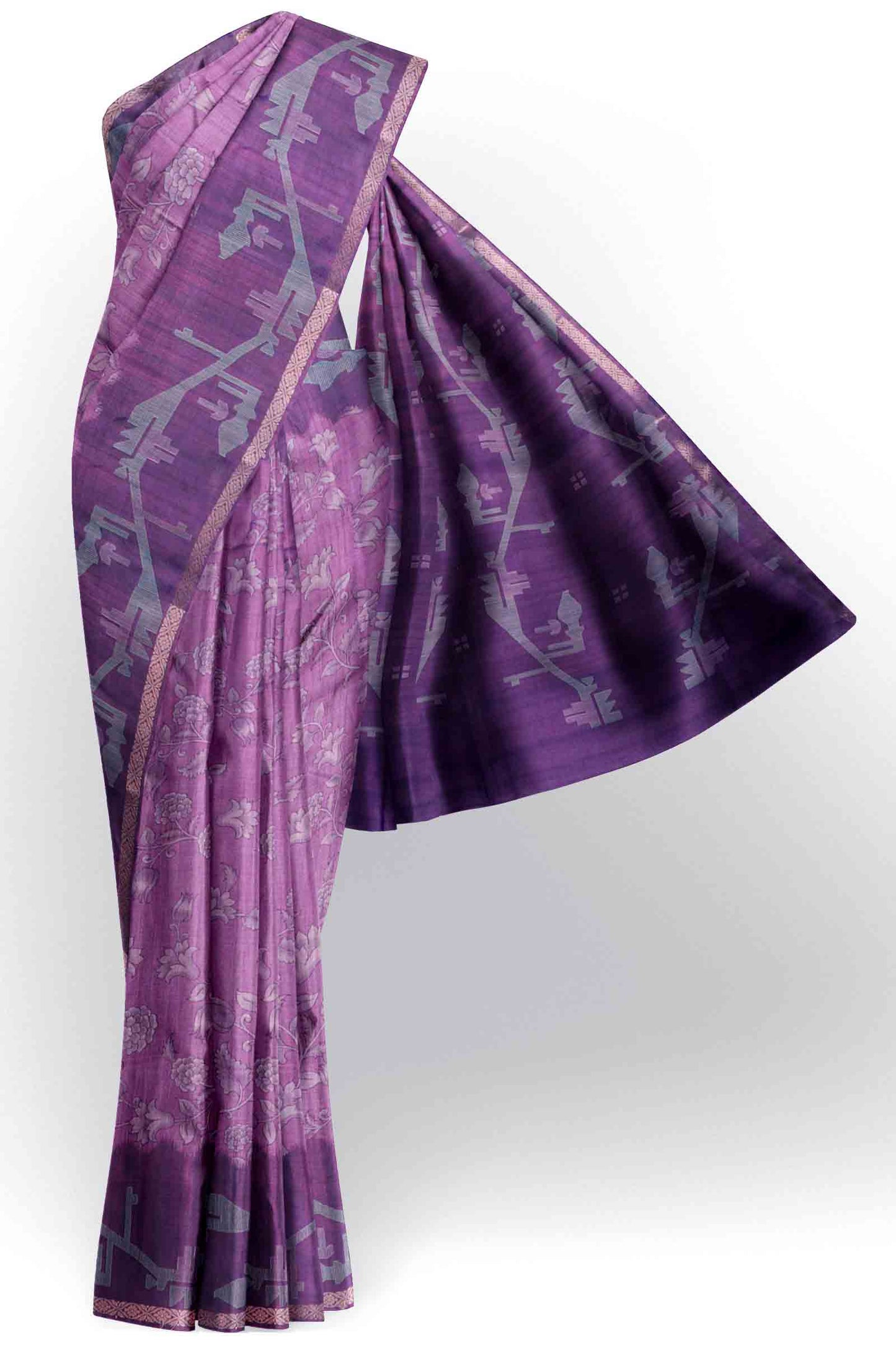 Violet Semi Tussar Blooming Magic Prints Jamdani Inspired Border Saree