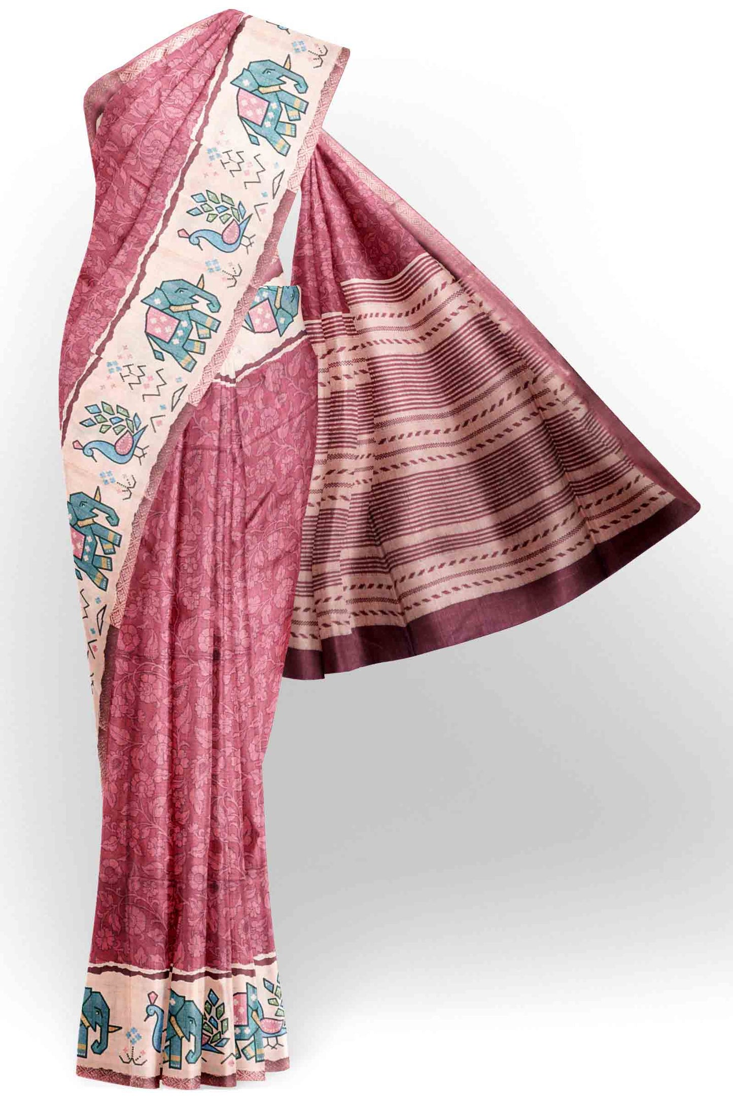 Red Semi Tussar Blooming Magic Prints Peacock Border Saree