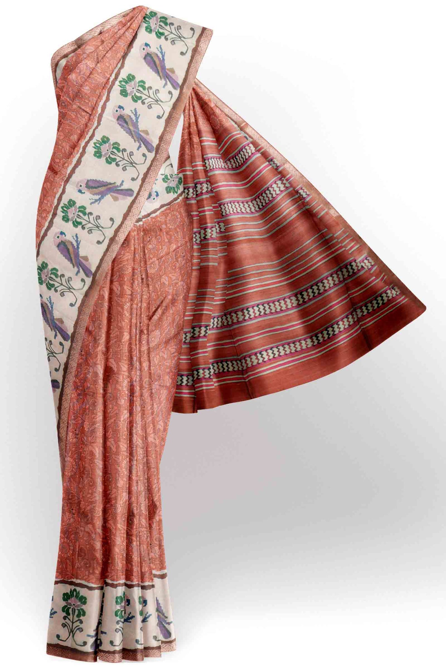 Orange Semi Tussar Blooming Magic Prints Parrot Border Saree