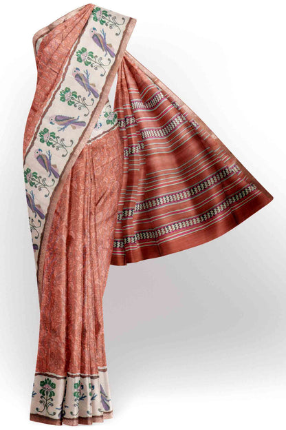 Orange Semi Tussar Blooming Magic Prints Parrot Border Saree