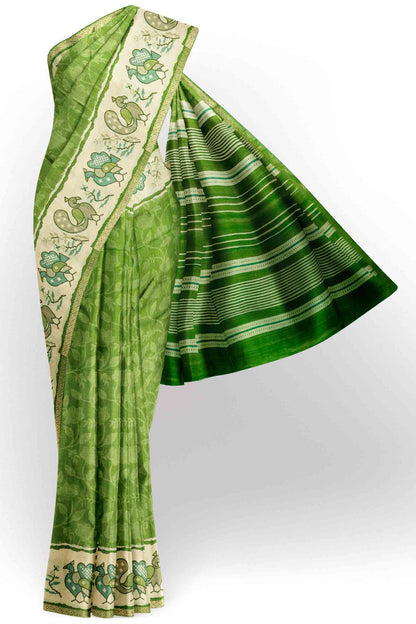 Bright Green Semi Tussar Blooming Magic Prints Crane Border Saree