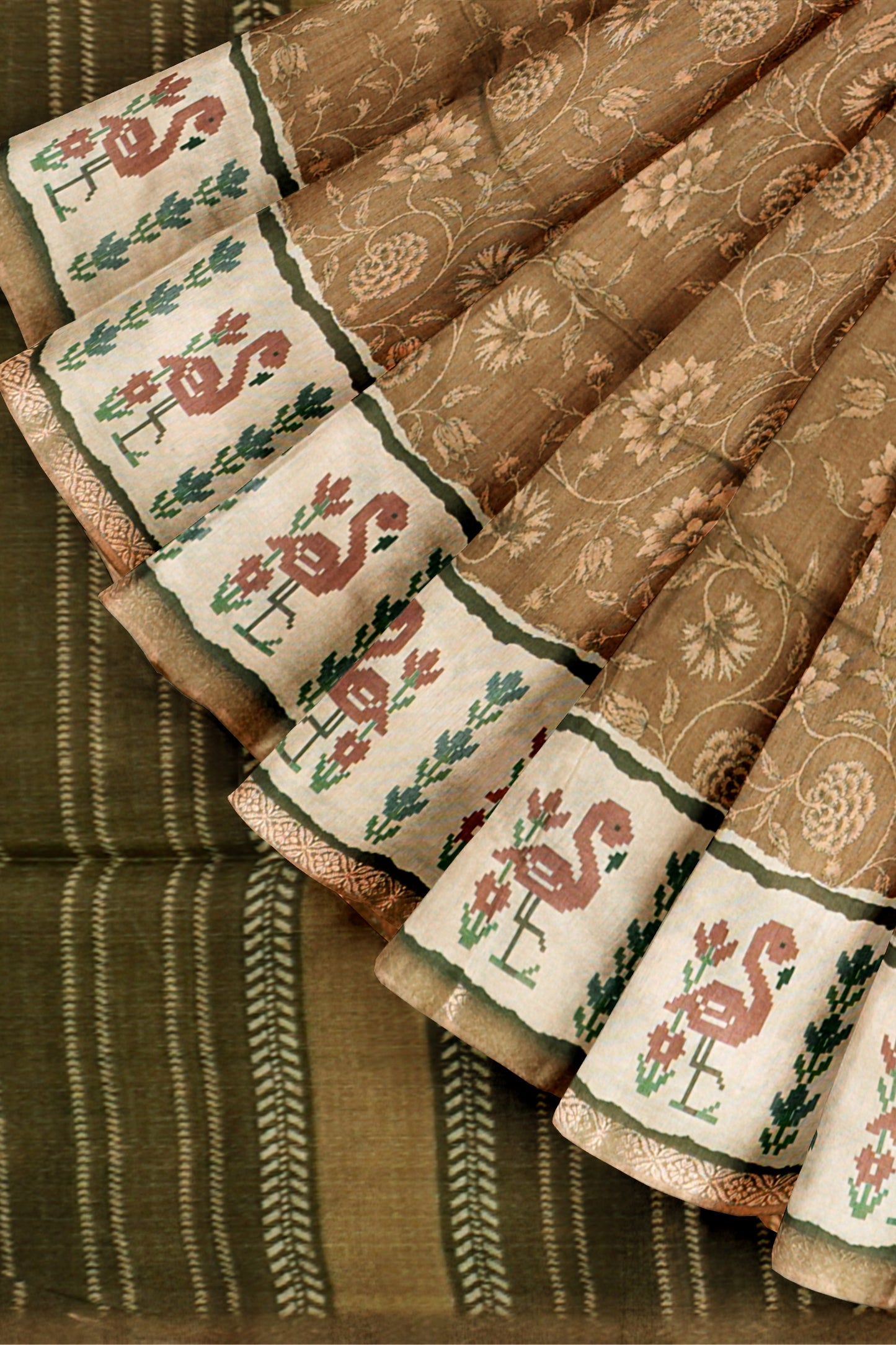 Moss Green With Brown Semi Tussar Blooming Magic Prints Flamingo Border Saree