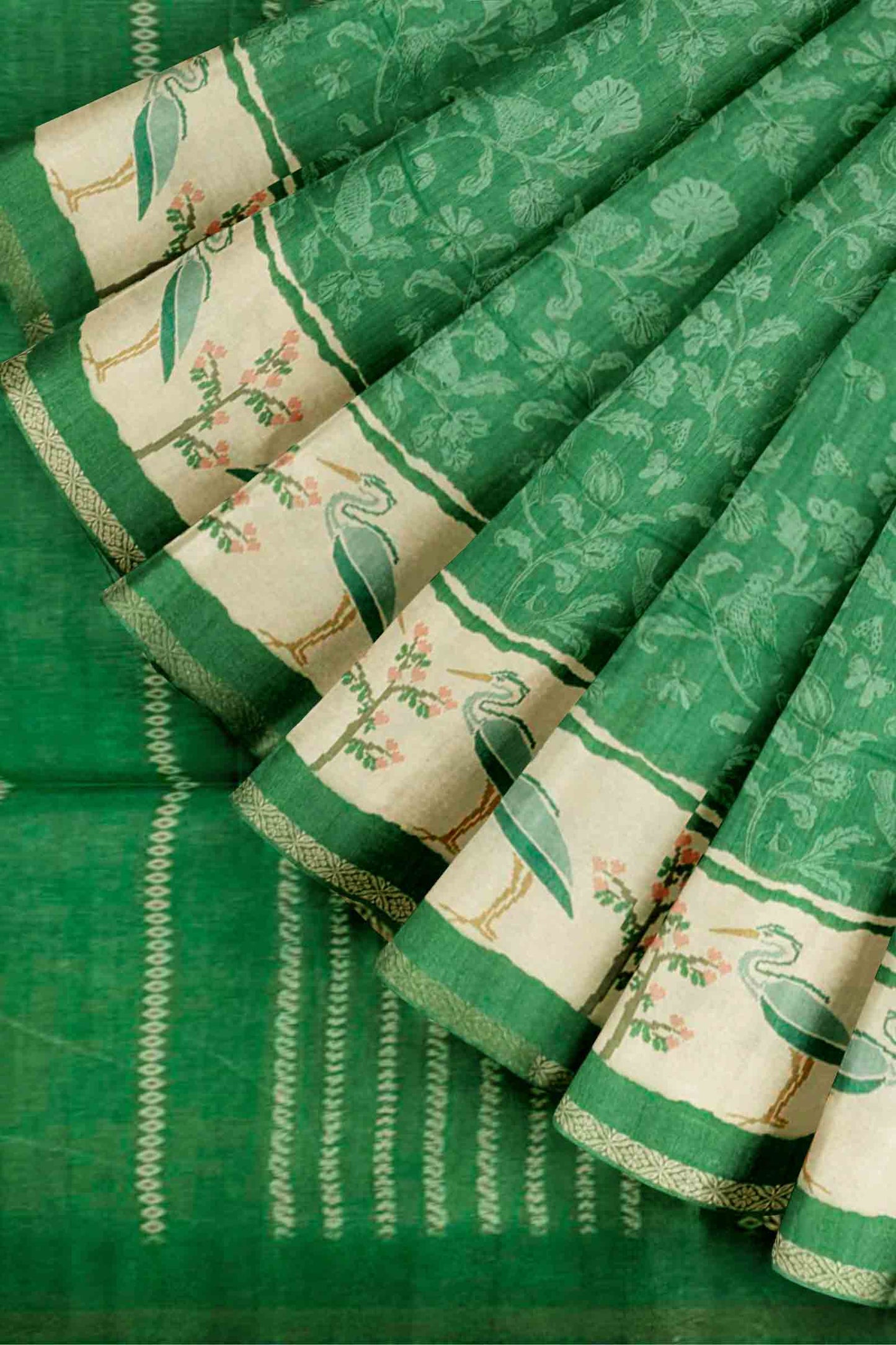 Leaf Green With White Semi Tussar Blooming Magic Prints Crane Border Saree