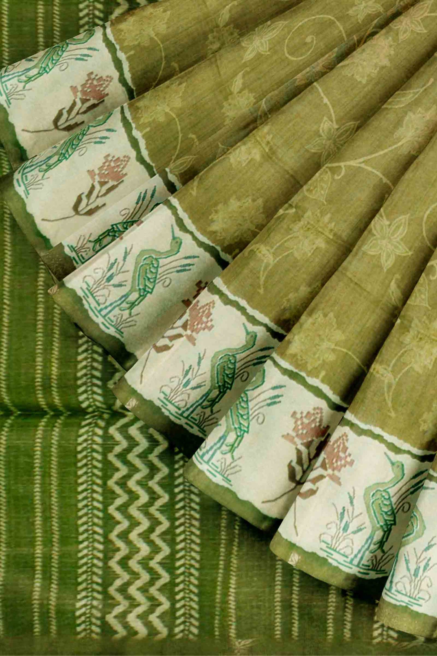 Olive Green Semi Tussar Blooming Magic Prints Crane Border Saree