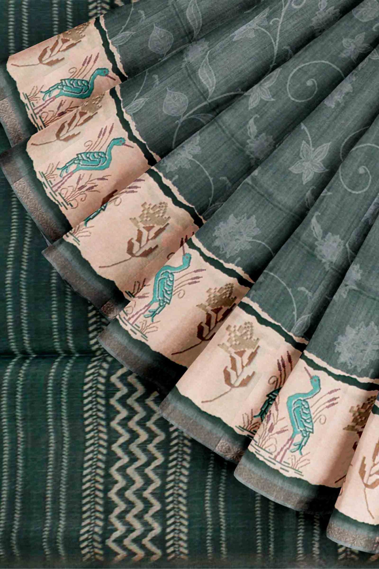 Ash Black Semi Tussar Blooming Magic Prints Crane Border Saree