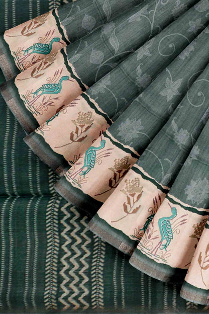 Ash Black Semi Tussar Blooming Magic Prints Crane Border Saree