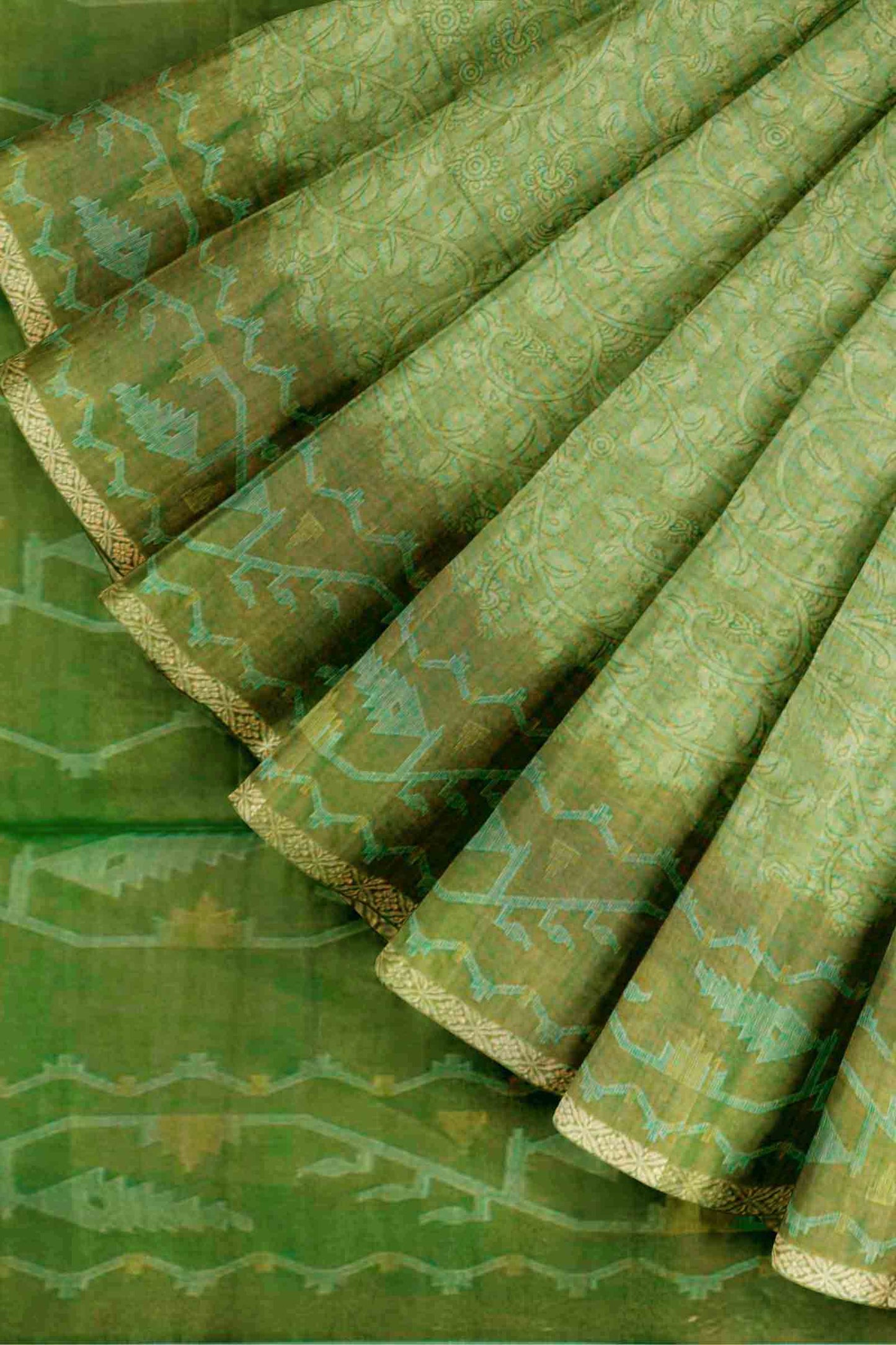 Olive Green Semi Tussar Blooming Magic Prints Art Border Saree