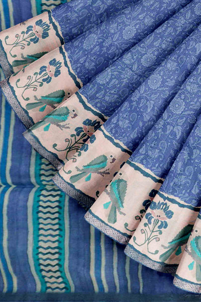 Blue Semi Tussar Blooming Magic Prints Parrot Border Saree