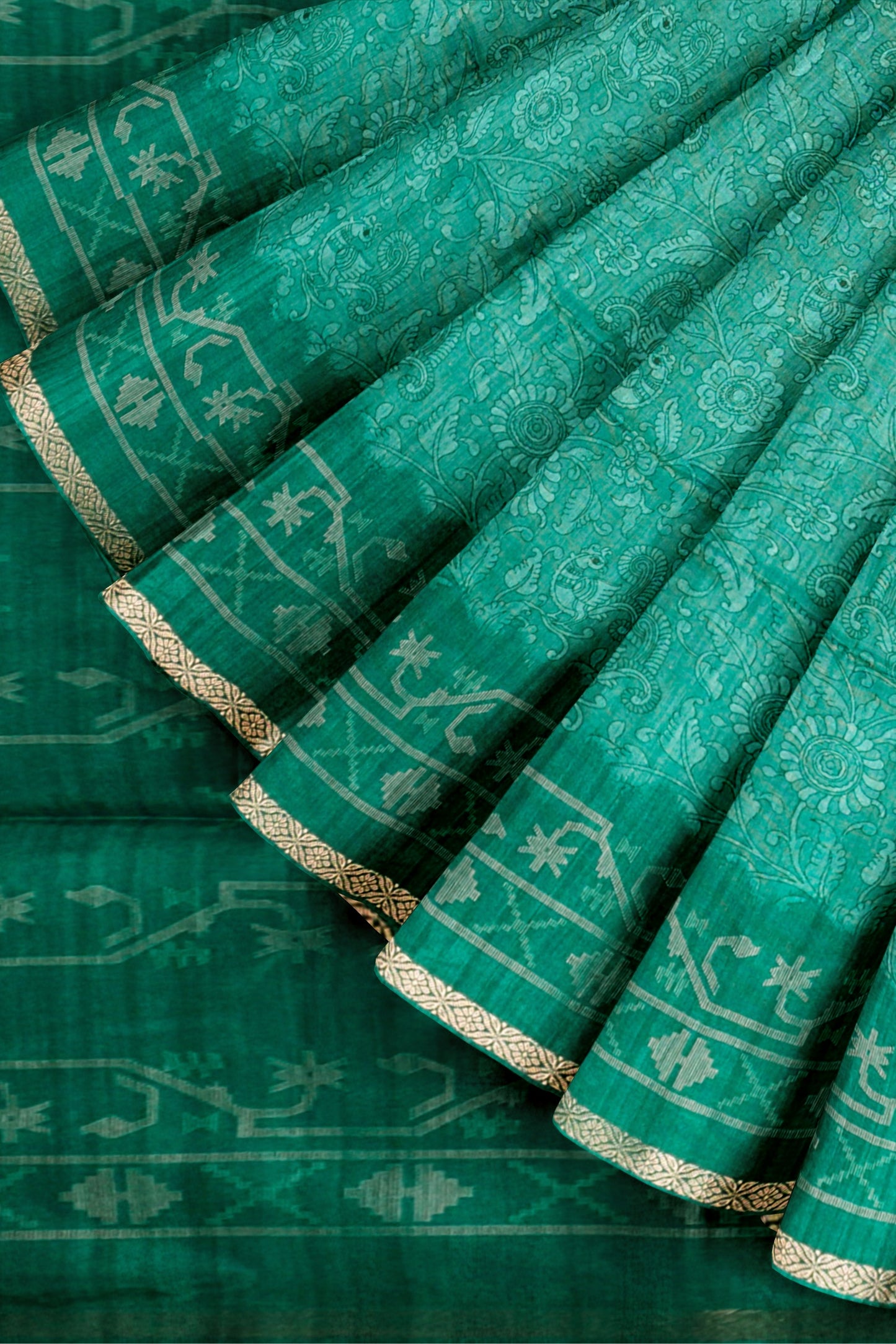 Green Semi Tussar Blooming Magic Prints Art Border Saree