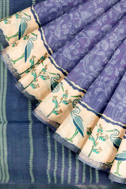 Lavander Semi Tussar Blooming Magic Prints Crane Border Saree