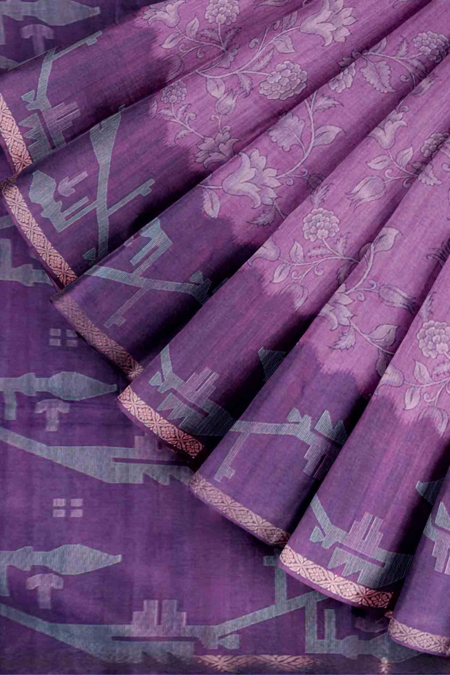 Violet Semi Tussar Blooming Magic Prints Jamdani Inspired Border Saree