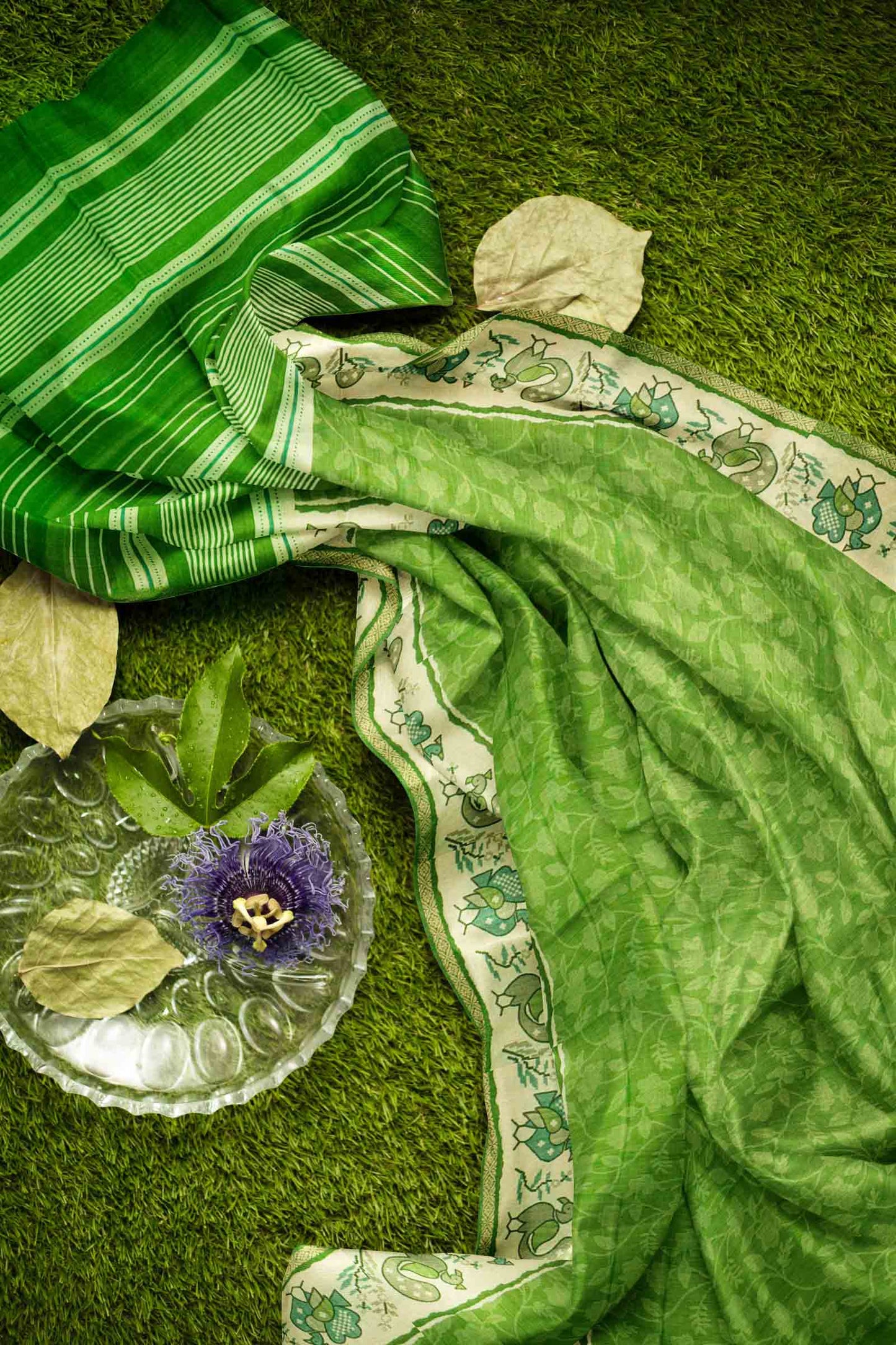 Bright Green Semi Tussar Blooming Magic Prints Crane Border Saree
