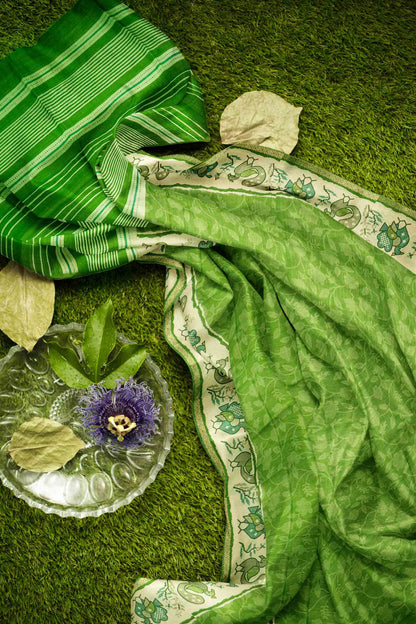 Bright Green Semi Tussar Blooming Magic Prints Crane Border Saree