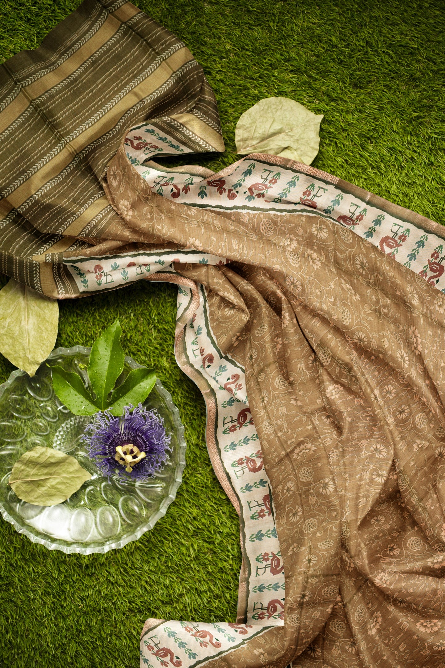 Moss Green With Brown Semi Tussar Blooming Magic Prints Flamingo Border Saree