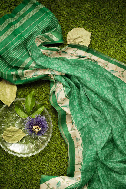 Leaf Green With White Semi Tussar Blooming Magic Prints Crane Border Saree