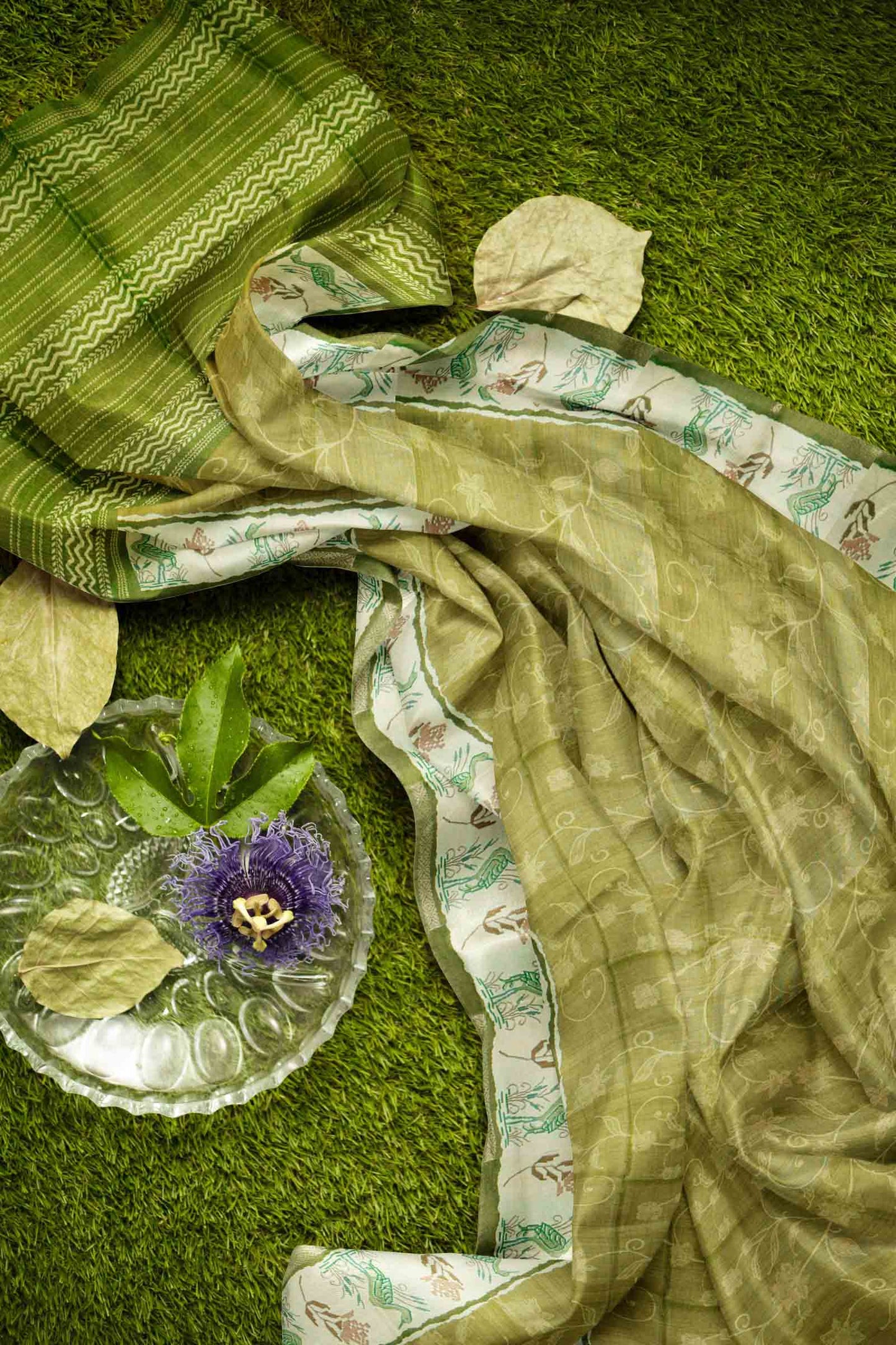 Olive Green Semi Tussar Blooming Magic Prints Crane Border Saree
