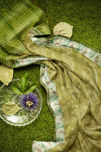 Olive Green Semi Tussar Blooming Magic Prints Crane Border Saree