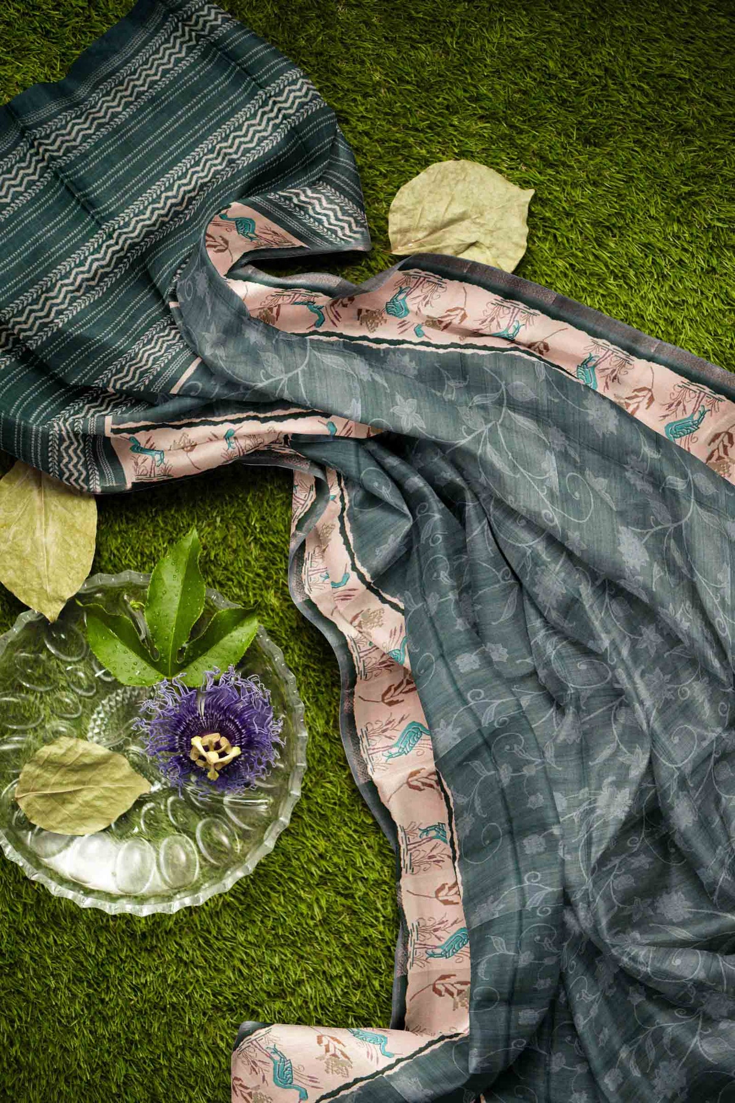 Ash Black Semi Tussar Blooming Magic Prints Crane Border Saree