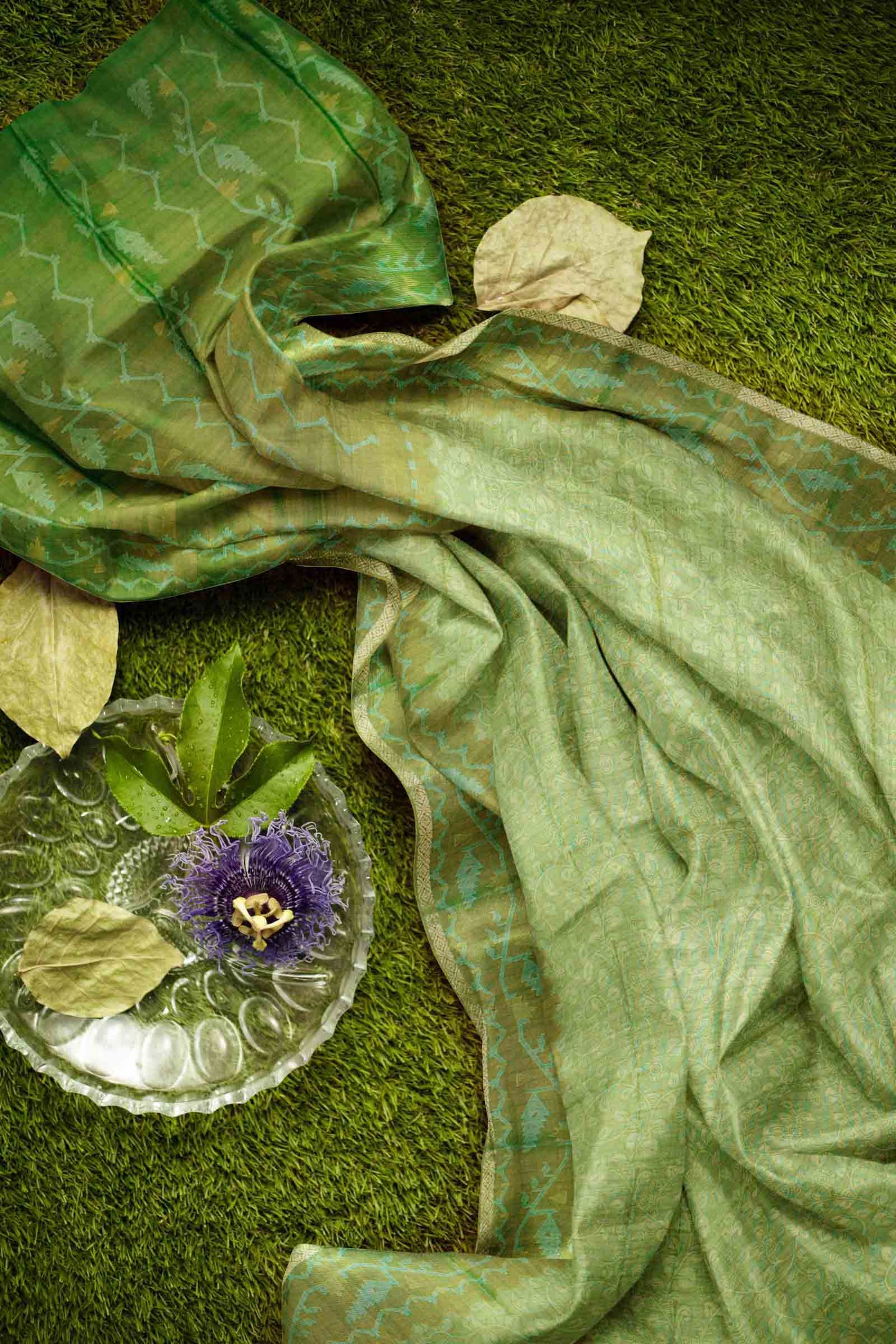 Olive Green Semi Tussar Blooming Magic Prints Art Border Saree