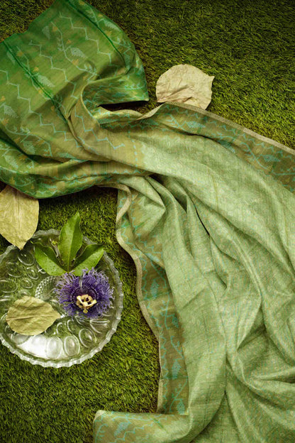 Olive Green Semi Tussar Blooming Magic Prints Art Border Saree