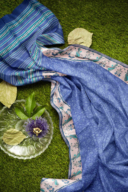 Blue Semi Tussar Blooming Magic Prints Parrot Border Saree