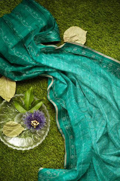 Green Semi Tussar Blooming Magic Prints Art Border Saree