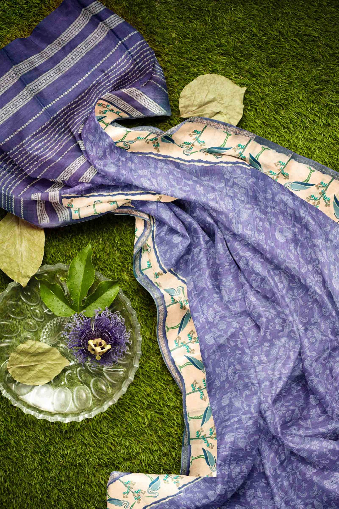 Lavander Semi Tussar Blooming Magic Prints Crane Border Saree