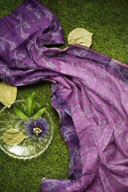 Violet Semi Tussar Blooming Magic Prints Jamdani Inspired Border Saree