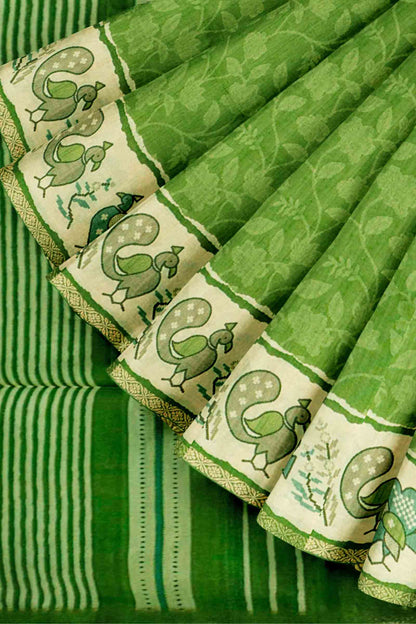 Bright Green Semi Tussar Blooming Magic Prints Crane Border Saree