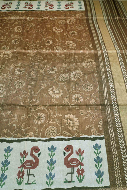Moss Green With Brown Semi Tussar Blooming Magic Prints Flamingo Border Saree