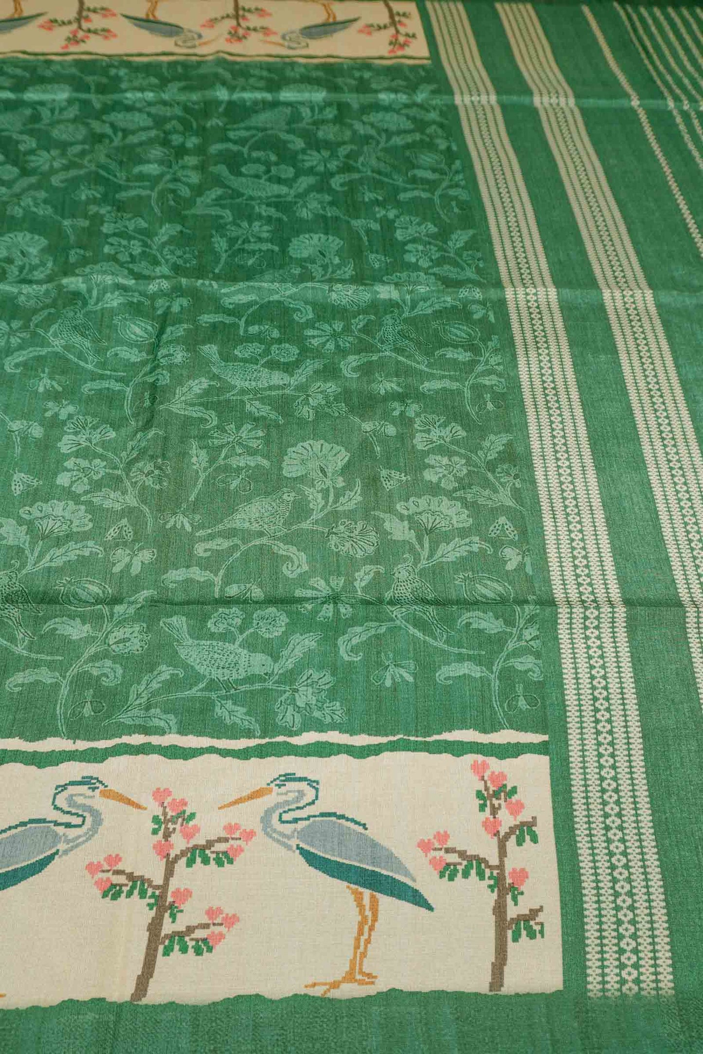 Leaf Green With White Semi Tussar Blooming Magic Prints Crane Border Saree