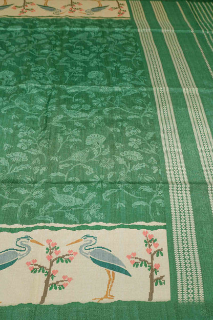 Leaf Green With White Semi Tussar Blooming Magic Prints Crane Border Saree