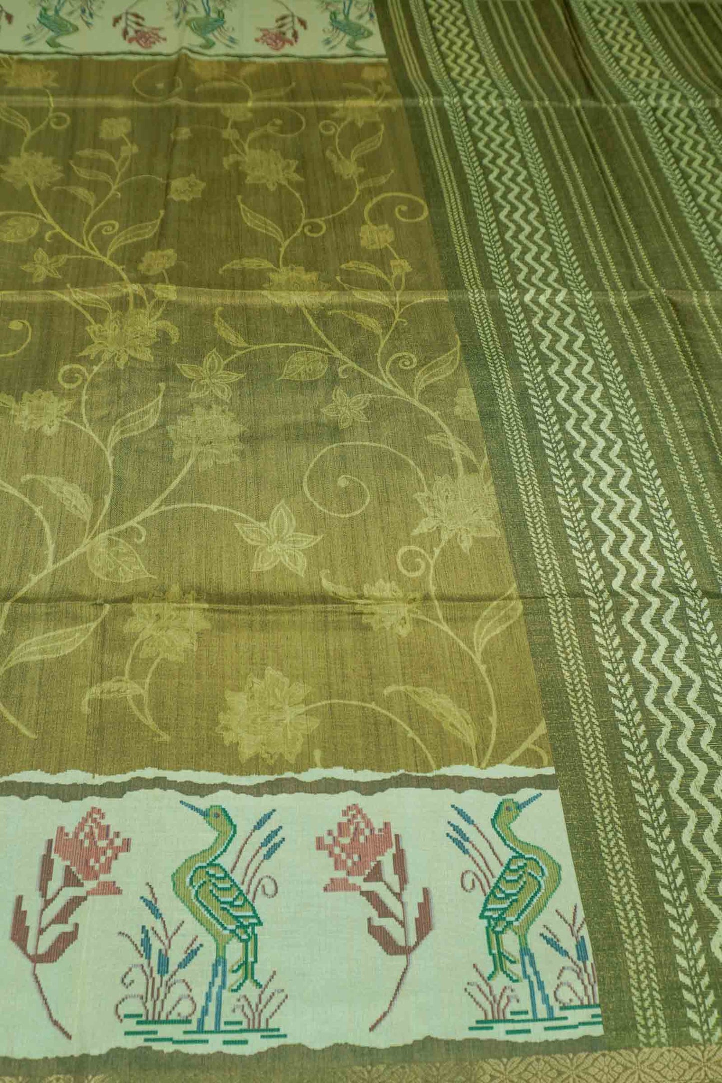 Olive Green Semi Tussar Blooming Magic Prints Crane Border Saree