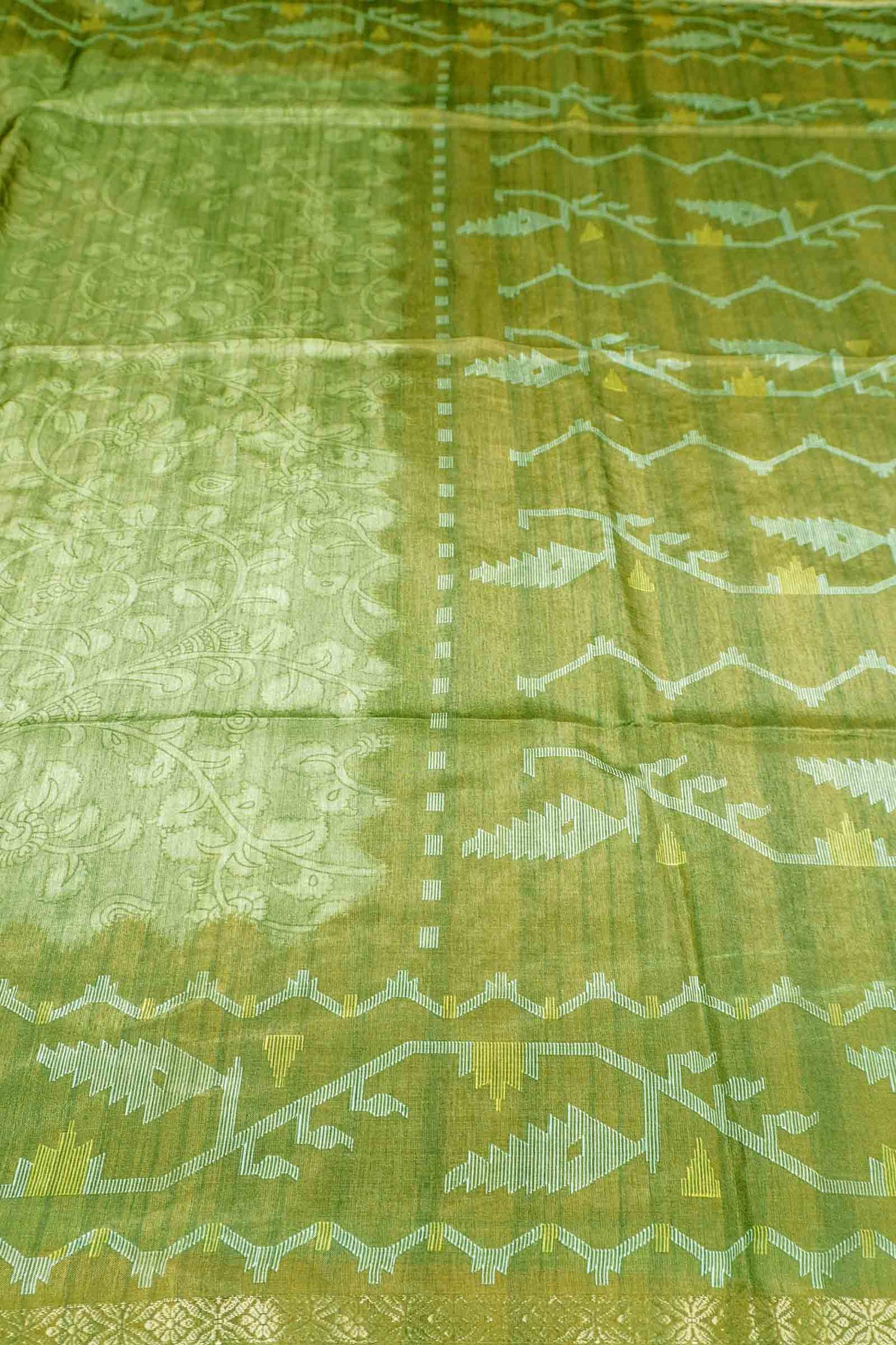 Olive Green Semi Tussar Blooming Magic Prints Art Border Saree