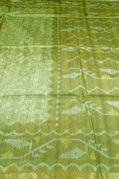 Olive Green Semi Tussar Blooming Magic Prints Art Border Saree