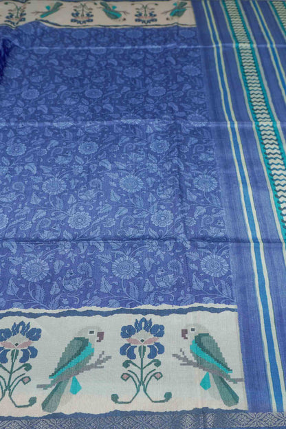 Blue Semi Tussar Blooming Magic Prints Parrot Border Saree