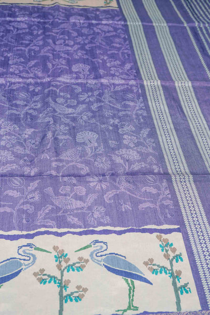 Lavander Semi Tussar Blooming Magic Prints Crane Border Saree