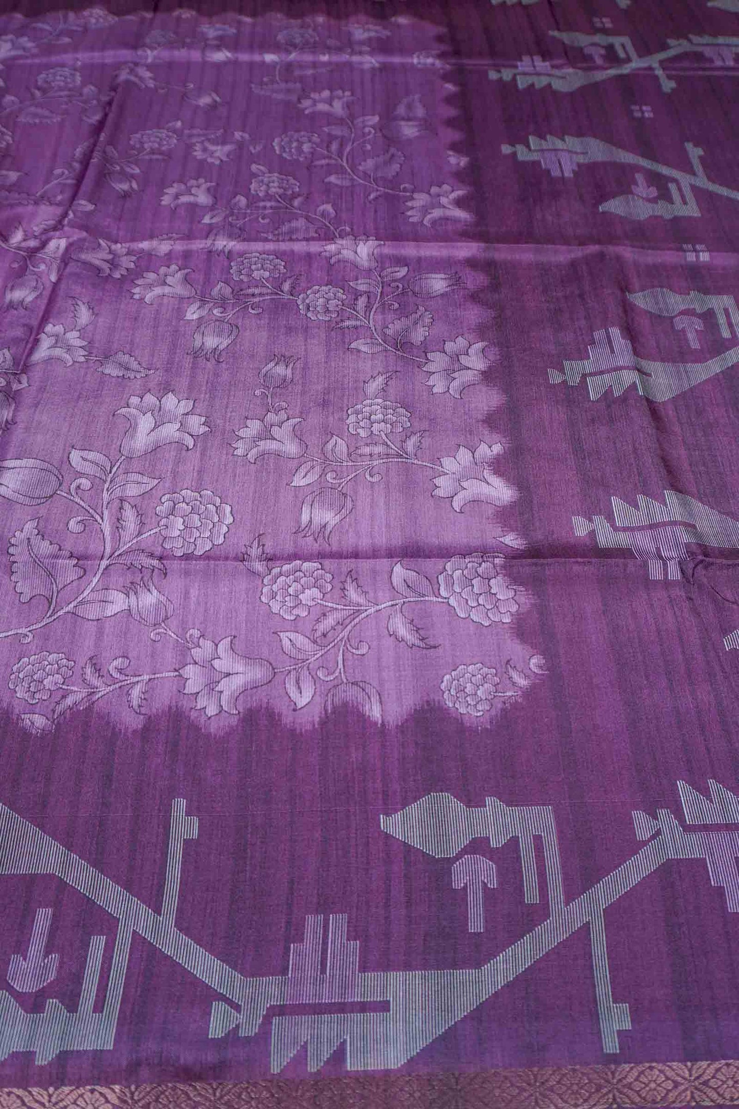 Violet Semi Tussar Blooming Magic Prints Jamdani Inspired Border Saree